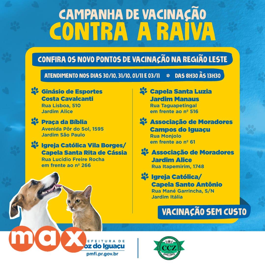 Vacinação contra a raiva tem novos pontos de atendimento na região Leste