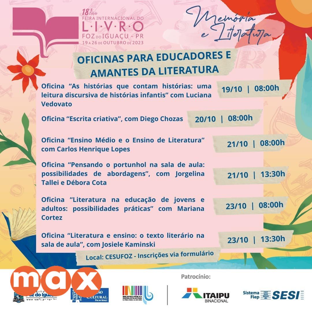 Professores, educadores e pessoas interessadas podem participar de oficinas gratuitas durante a Feira do Livro