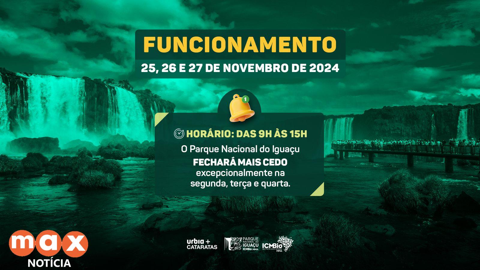 Parque Nacional do Iguaçu fechará mais cedo de segunda a quarta-feira, 25 a 27 de novembro