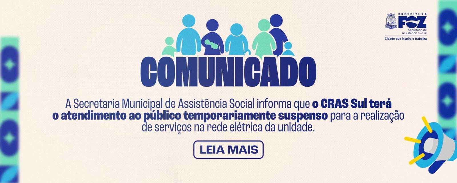 CRAS Sul terá atendimento suspenso em duas datas para manutenção elétrica