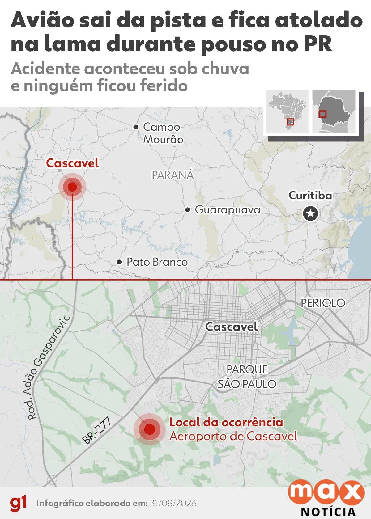 Avião da Latam com 151 pessoas a bordo sai da pista durante pouso e fica atolado na lama no Paraná