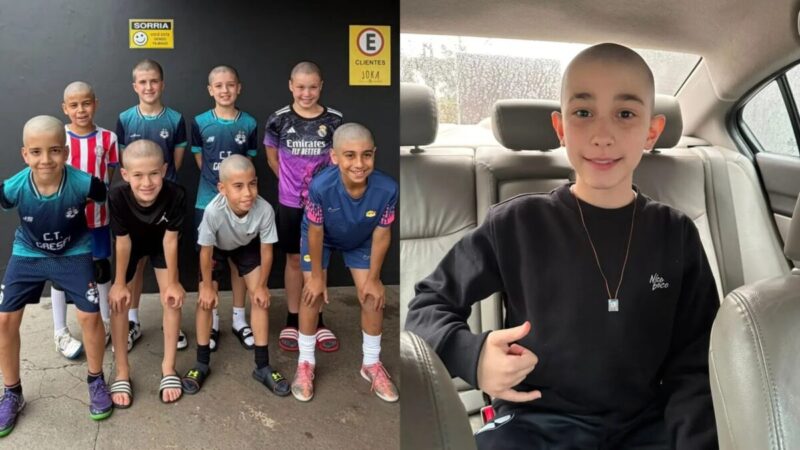 Time de futsal raspa a cabeça para apoiar menino com câncer
